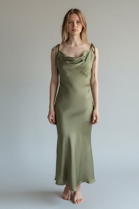 &merci Dresses & Skirts - &merci Satin Cowl Neck Slip Midi Dress Size M in Olive Green NWOT